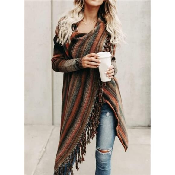 Women's Open Front Knited Tassels Slash Loose Cardigan Crew Neck Speckled Fringe - Picture 2 of 7